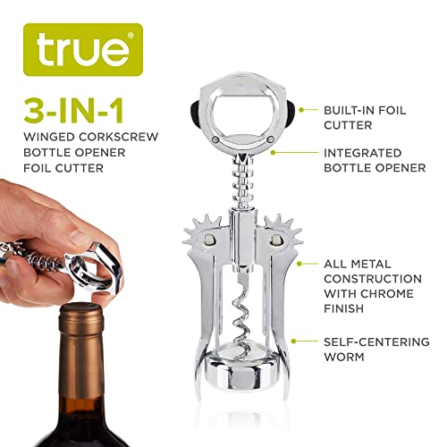 True Winged Corkscrew Wine Opener - Heavy Duty Stainless Steel & Chrome Finish
