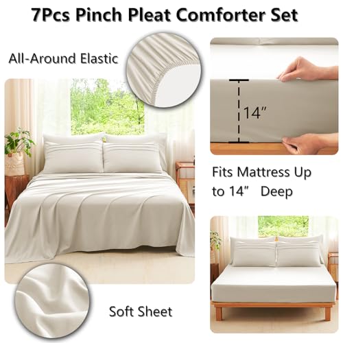 King Size 7-Piece Comforter Set in Beige with Pinch Pleat Design