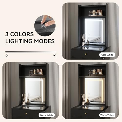 Small Vanity Desk with LED Mirror, Storage Stool & Foldable Side Panel