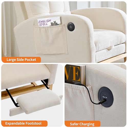 Modern Nursery Rocking Chair with Glider, Footrest, and USB Port - Beige