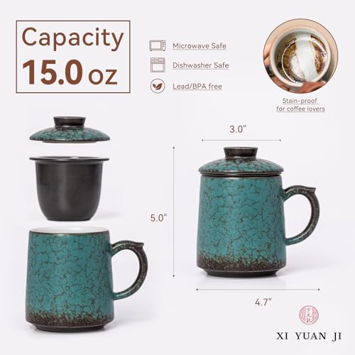 Blue-Green 15oz Ceramic Tea Mug with Infuser & Lid - Kiln-Transformed Unique Design