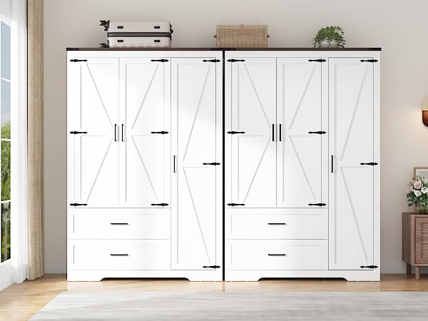 Farmhouse Wooden Wardrobe Armoire with 3 Doors and 2 Drawers, 70.1-Inch