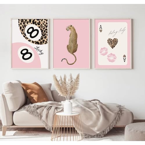 Preppy Cheetah Canvas Wall Art Set Pink Aesthetic Bedroom Decor