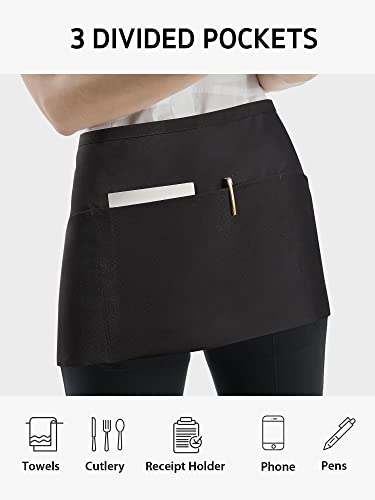 3-Pack Server Waist Apron with 3 Pockets, Adjustable Black Work Apron