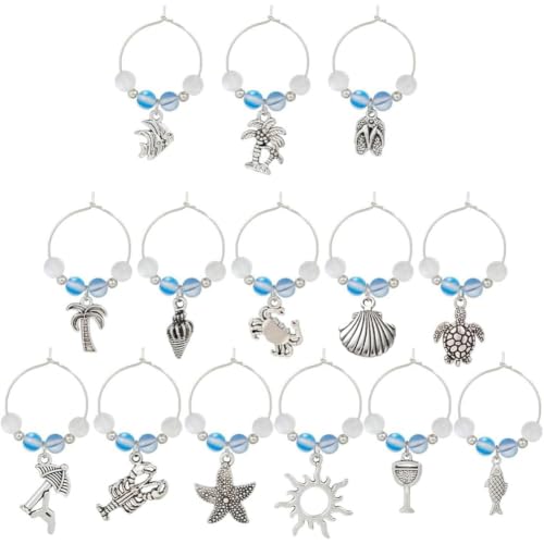 Summer Ocean Wine Charms Set with Upgraded Gift Box - 14 Silver Tone Drink Markers for Glasses, Party & Wedding Decor