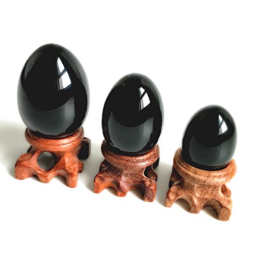 Black Obsidian Crystal Egg Set with Wooden Stands, 3-Piece Collection