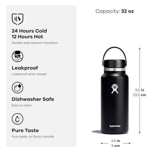 Insulated Stainless Steel Water Bottle Wide Mouth 32 Oz Black