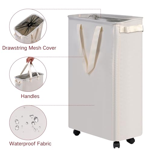 Slim Laundry Hamper with Wheels, 60L Rolling Laundry Basket for Small Spaces