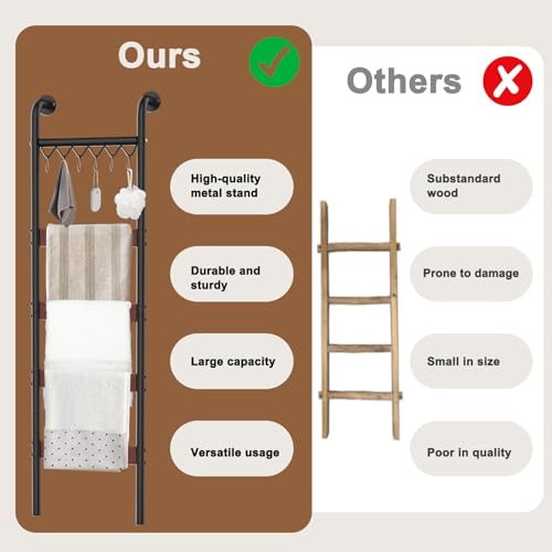5-Tier Wall-Leaning Blanket Ladder Rack with Hooks, Rustic Storage Shelf