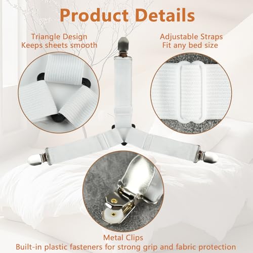 Adjustable Bed Sheet Straps with Metal Clips - 4-Pack Corner Fasteners, White