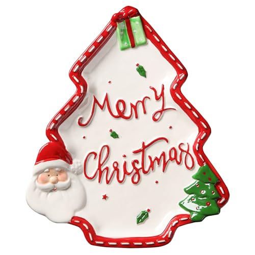 Christmas Ceramic Snack Platters Set with Santa & Tree Design, 10.3 Inch Food Serving Dishes