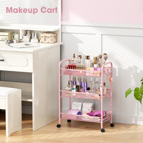 3-Tier Metal Rolling Utility Storage Cart with Wheels & Hooks, Pink