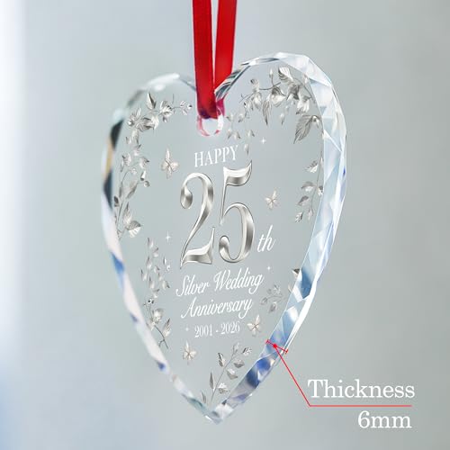 25th Wedding Anniversary Crystal Heart Ornament Silver Milestone Keepsake