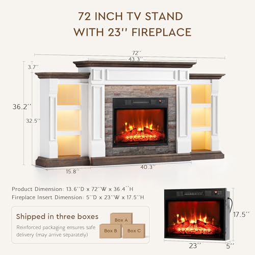 72 Inch Electric Fireplace TV Stand with Mantel and LED Lights
