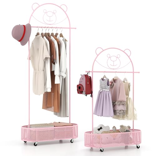 Kids Adjustable Garment Rack with Storage Basket and Wheels (Pink)