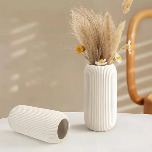 Modern White Ceramic Flower Vase – 8" Small Ribbed Decorative Vase