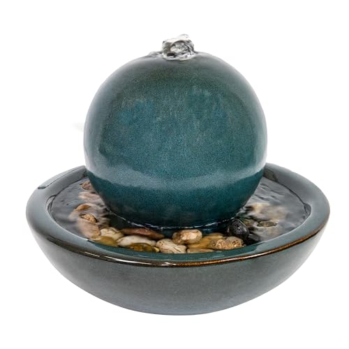 Ceramic Tabletop Water Fountain with Orb - Teal Glazed Indoor Decor