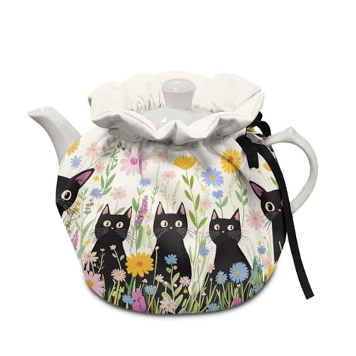 Insulated Tea Cozy with Black Cat and Floral Print for Teapots