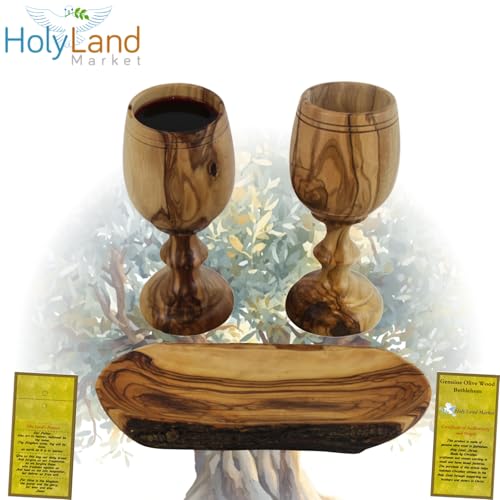 Hand-Carved Olive Wood Communion Set with Oval Bowl and 2 Goblets