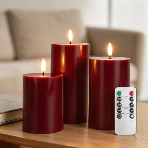 RosMank 3-Piece LED Candles Set with 10-Key Remote, Flameless Real Wax, Red