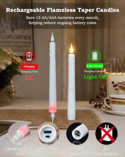 Rechargeable Flameless Taper Candles with Remote & Gold Holders - 6 Pack