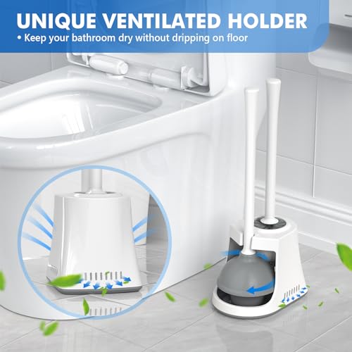 2-in-1 Heavy Duty Toilet Plunger and Brush Set with Ventilated Holder