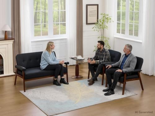 3-Piece Mid-Century Modern Faux Leather Loveseat and Accent Chair Set
