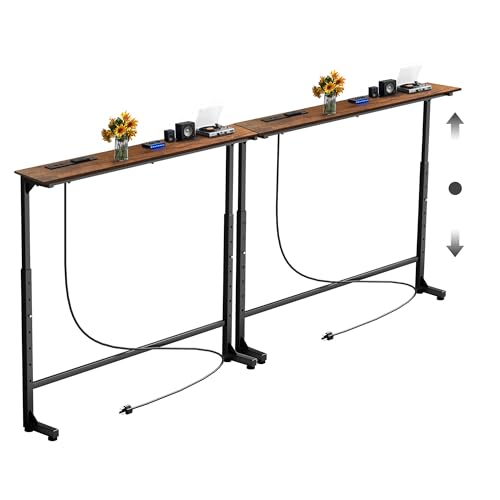 90-Inch Adjustable Height Sofa Table with Charging Station, Rustic Brown