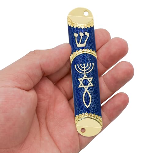 Blue Metal Mezuzah Case with Scroll, Messianic Seal Door Blessing