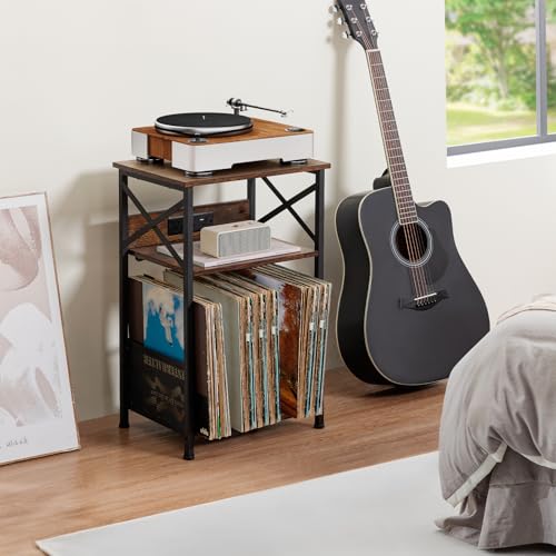 Record Player Stand with Charging Station & 3-Tier Vinyl Storage Table