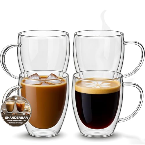 Shanderbar 12oz Double Walled Glass Coffee Mugs Set of 4 with Handles