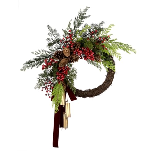 24-Inch Artificial Christmas Wreath with Berries, Pine Cones & Chimes