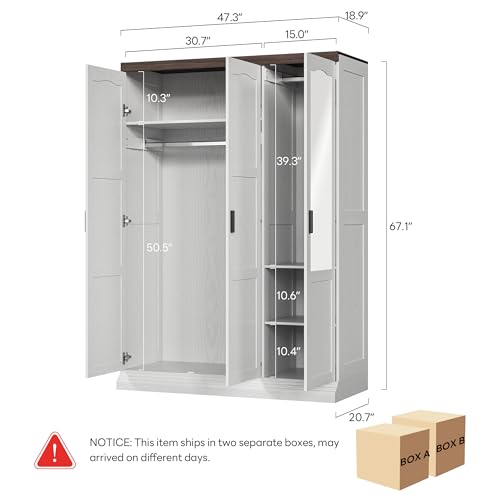 3-Door Wardrobe Closet with Mirror, Adjustable Shelves and Hanging Rods