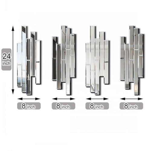 Set of 4 Beveled Wall Mirrors - 24x8 Inch Decorative Silver Glass Panels