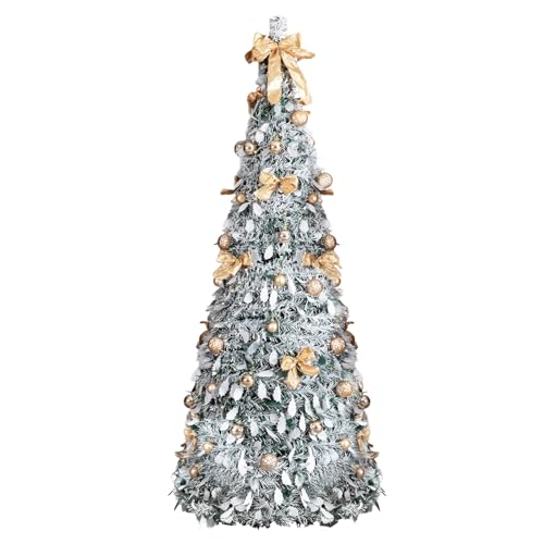 Karl Home 6 ft Snow Flocked Pre-lit Artificial Pop Up Christmas Tree with 100 Warm Lights, Golden Ornaments – Snowy Green
