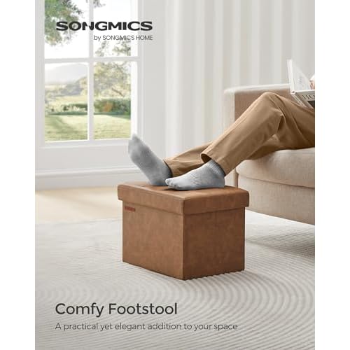 SONGMICS Small Folding Storage Ottoman, Foot Rest Stool, Cube Footrest, Synthetic Leather, 12.2 x 16.1 x 12.2 Inches, 286 lb Capacity, for Living Room, Bedroom, Dorm, Coffee Brown ULSF100K01