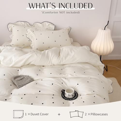 Queen Size Duvet Cover Set - Beige Polka Dot Ruffle Bedding with 2 Pillowcases