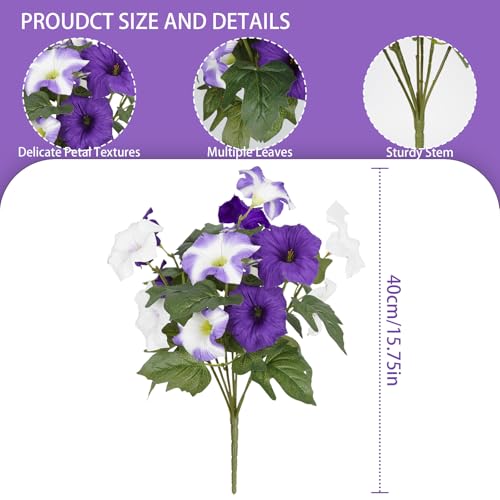 UV Resistant Outdoor Artificial Petunia Flowers - 6 Bundles (Purple-White)