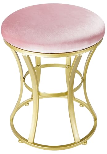 Round Velvet Vanity Stool with Gold Metal Legs - Compact Makeup Chair