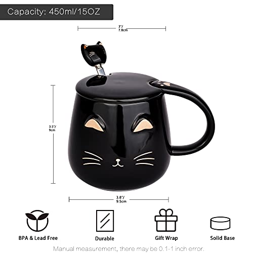 Black 2 Pack Cat Mug with Lid & Kitty Spoon - 13oz Ceramic Gift for Cat Lovers