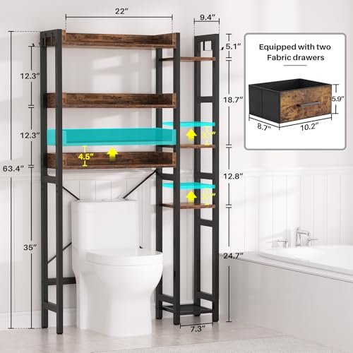 7-Tier Over The Toilet Storage Organizer with Drawers, Rustic Brown