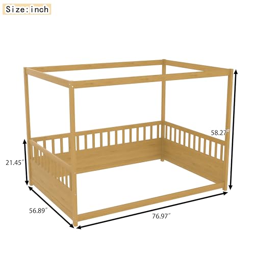 Full Size Montessori House Bed Frame with Canopy and Safety Guardrails