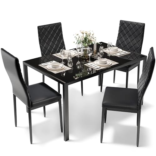 5-Piece Dining Table Set for 4, Modern Tempered Glass Table and PU Leather Chairs