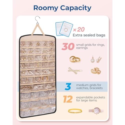 BAGSMART Hanging Jewelry Organizer, Necklace Holder Anti-tangle Earrings Rings Hanger with Pockets Hang on Closet, Wall, Door,1 Piece, Extra Large Black