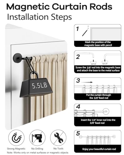 Magnetic Curtain Rod for Metal Doors, Adjustable 18 to 30 Inch Black Rod