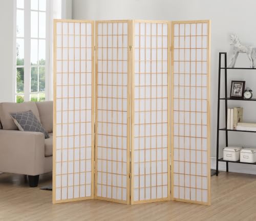 4-Panel Shoji Room Divider, Natural Wood Japanese Privacy Screen 71-Inch