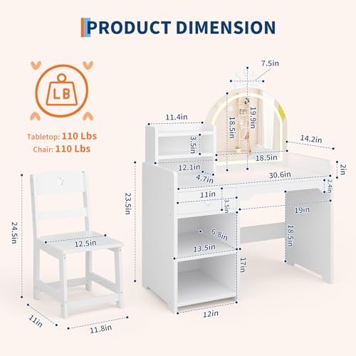 4-Piece Kids Vanity Set with Lighted Mirror, Chair, and Storage Cabinet