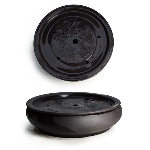 YXHUPOT 10-Inch Dragon Pattern Clay Tea Tray Saucer Mat for Gongfu Tea, Black Glaze, 2L Capacity (L Dragon)