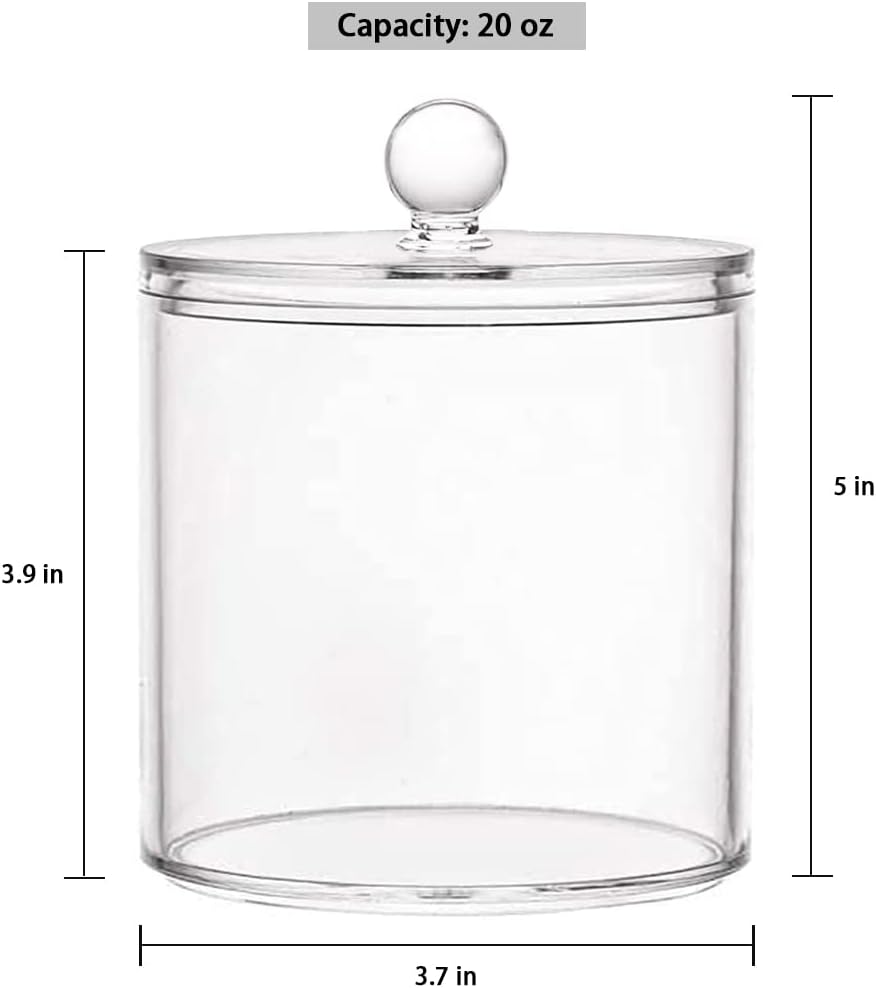 Skiennix 20-Ounce Qtip Holder Set - Clear Plastic Apothecary Jars with Lid for Bathroom Organization (2 Pack)