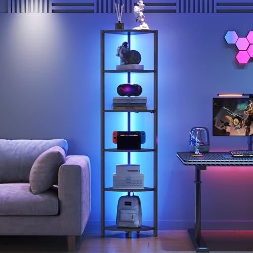 6-Tier Corner Bookshelf with LED Lights, Industrial Steel Display Stand